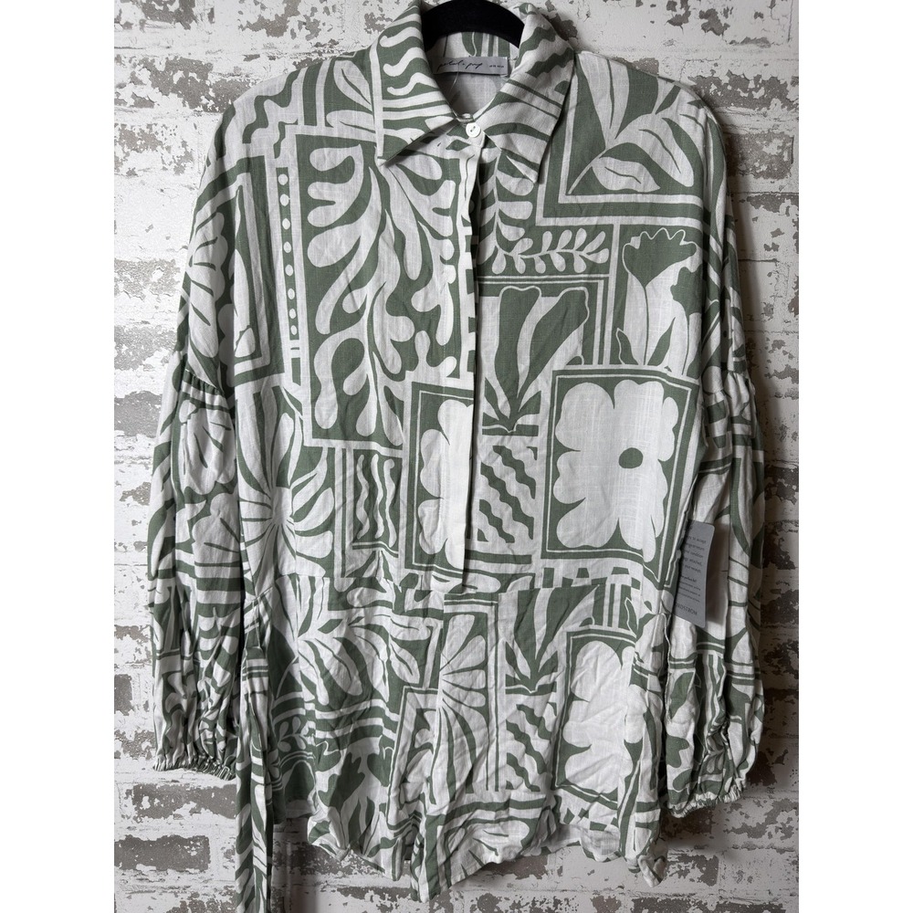 Petal + Pup‎ Romper Womens XS Green White Floral Geometric Linen Blend Tie Waist